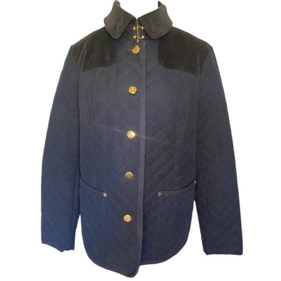 Jones New York Quilted equestrian Navy Jacket Elbow Pads Corduroy Collar Sz S - Picture 2 of 16